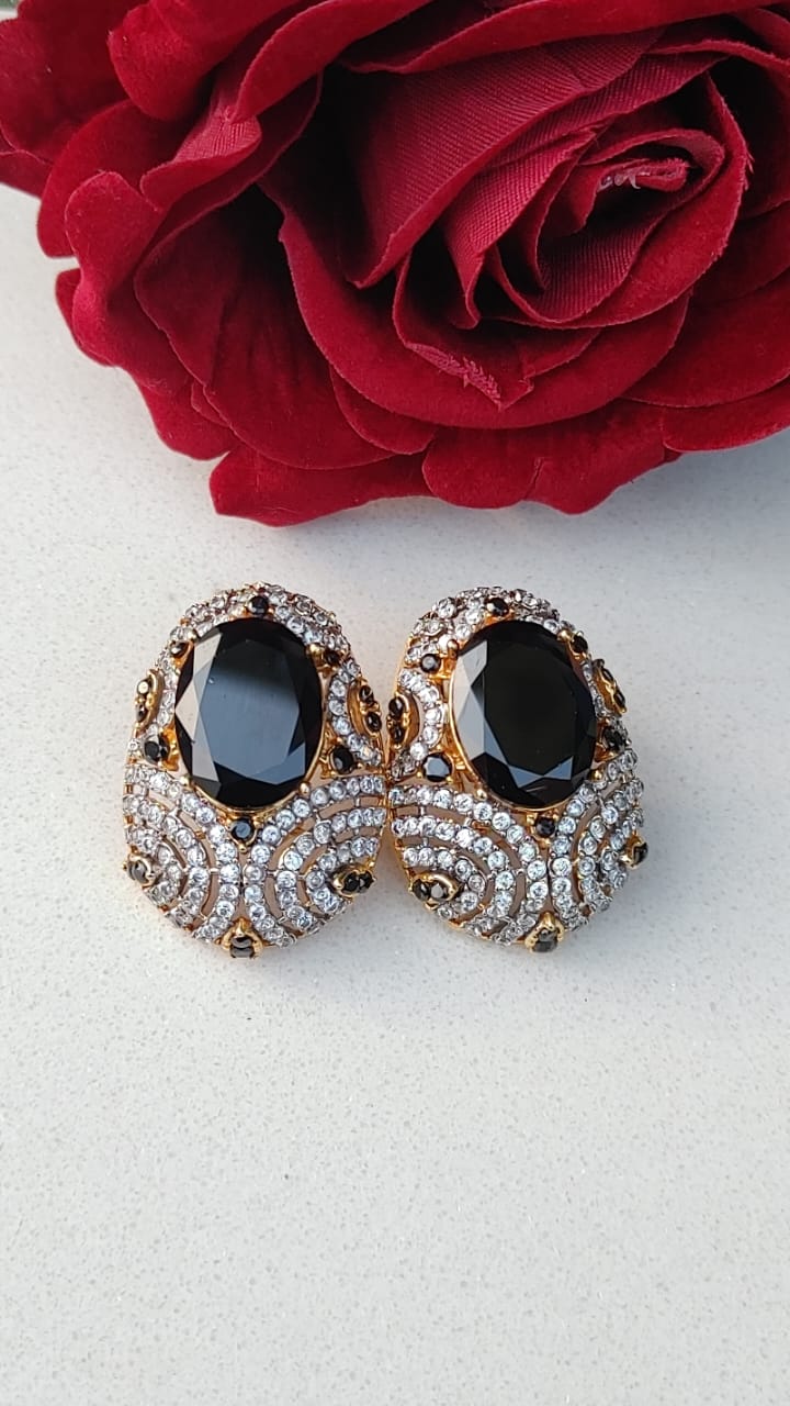 Gold polish diamond cut studs with original stone and pearl/AS-56