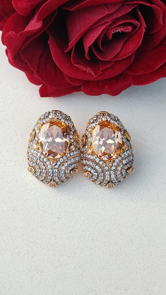 Gold polish diamond cut studs with original stone and pearl/AS-56